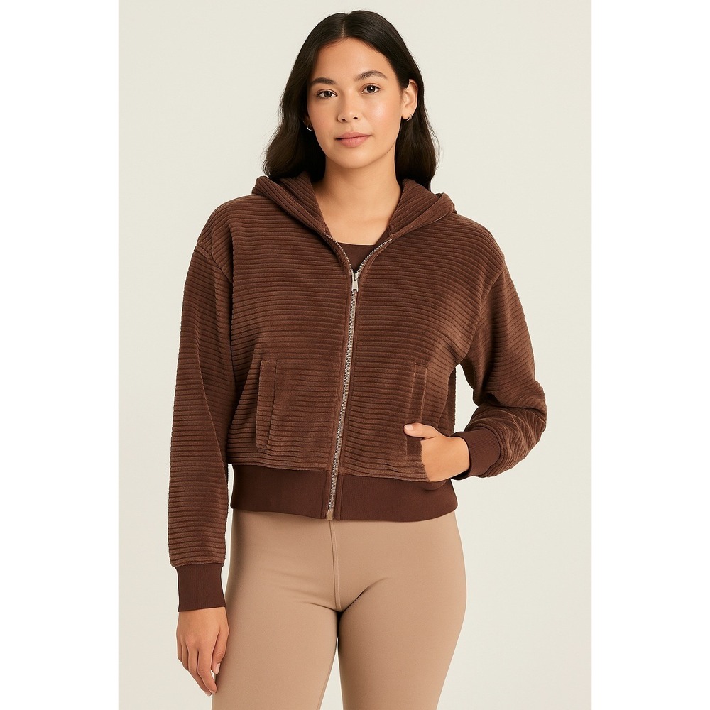 Nuuds Brown Velour Zip Hoodie‎ Jacket (Corduroy Look) Size Small